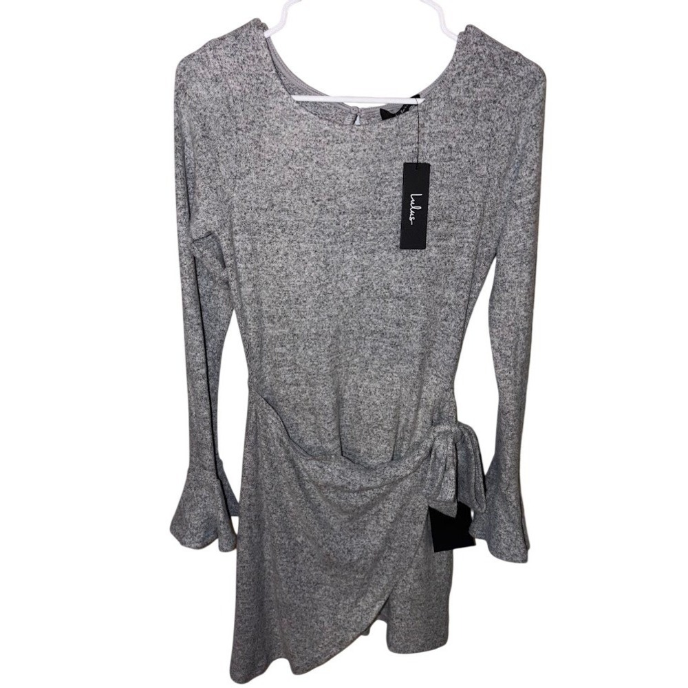 Lulus Heather Grey Knit‎ Faux Wrap Mini Dress Long Bell Sleeve XS New With Tags